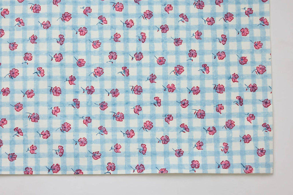 Block Printed Wrapping Paper Sheets - Gingham Pink Sorbet