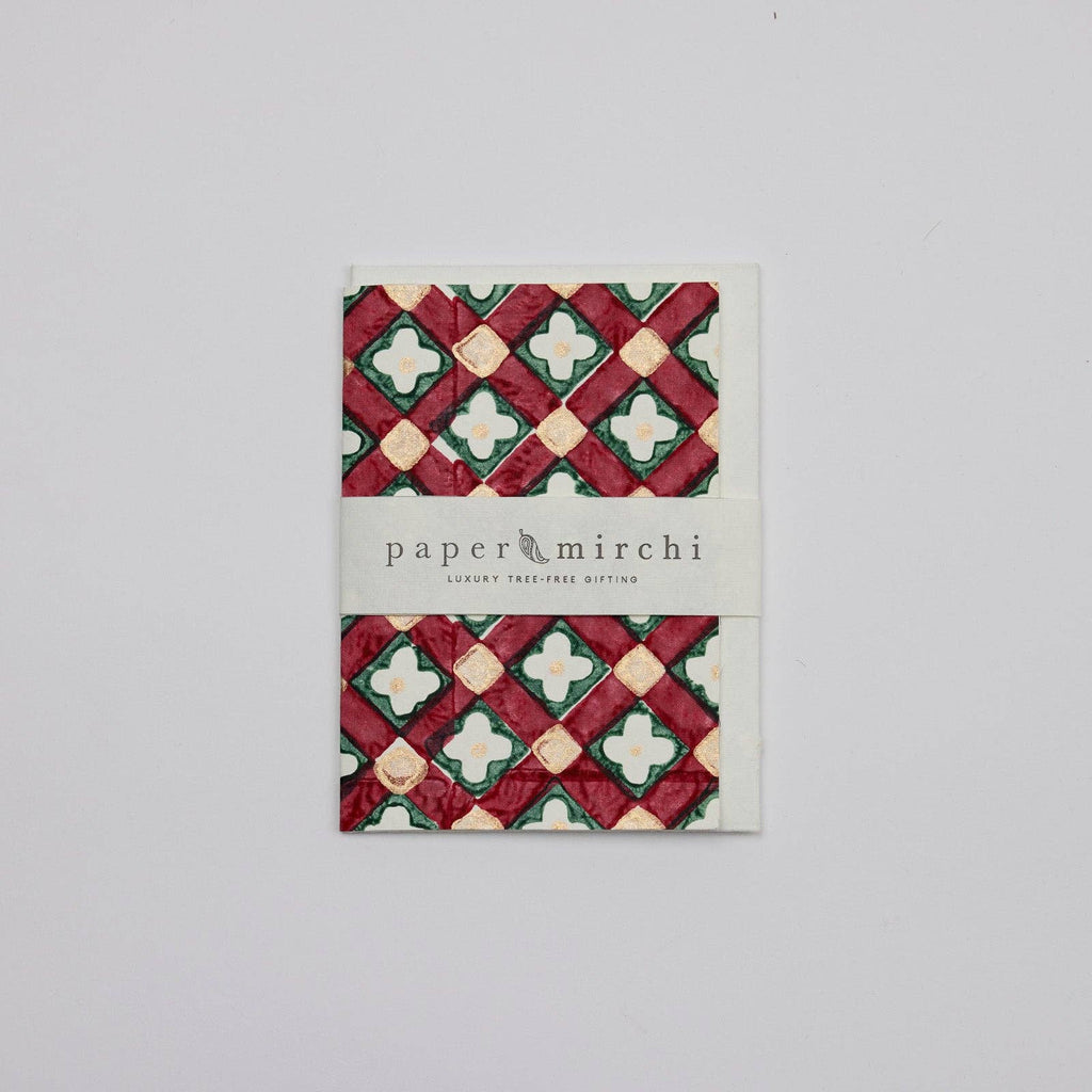 Hand Block Printed Greeting Card - Floral Checks Scarlet