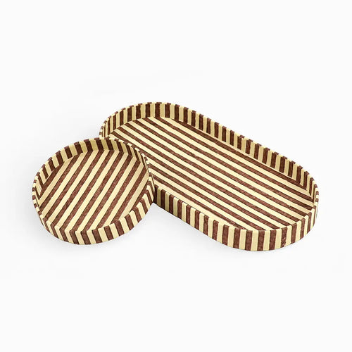 Block Printed Oval Tray Set Classic Stripe Brown Yellow