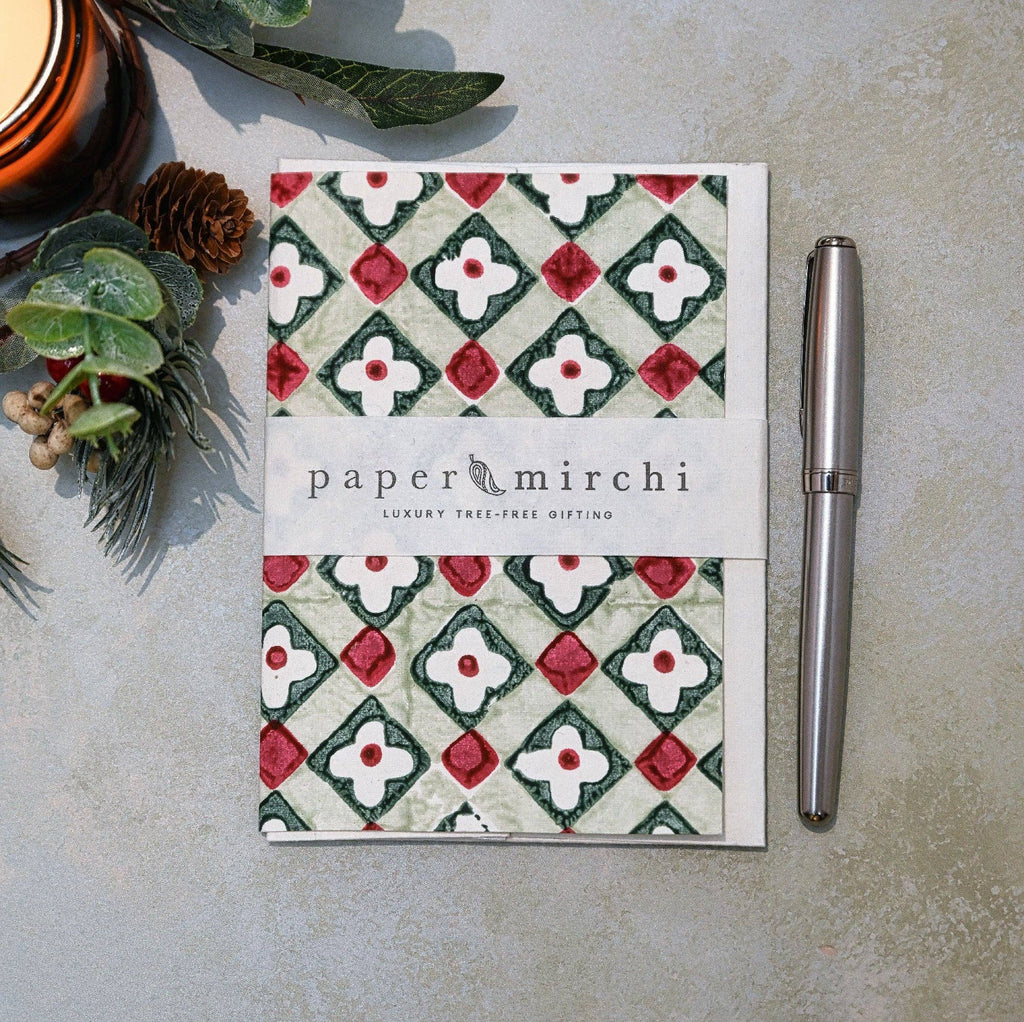 Hand Block Printed Greeting Card - Floral Checks Sage