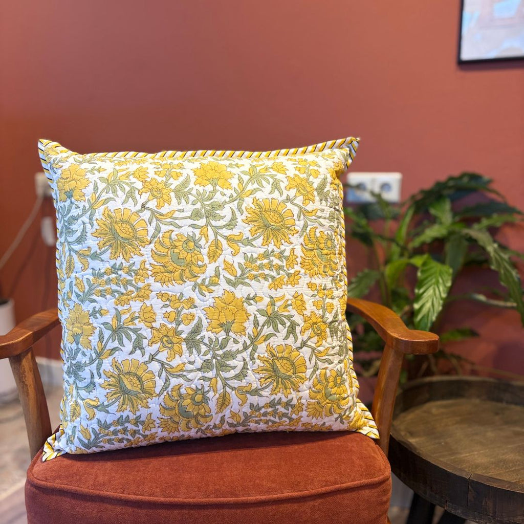 Quilted Block-Printed Cushion Cover - Pastel Marigold