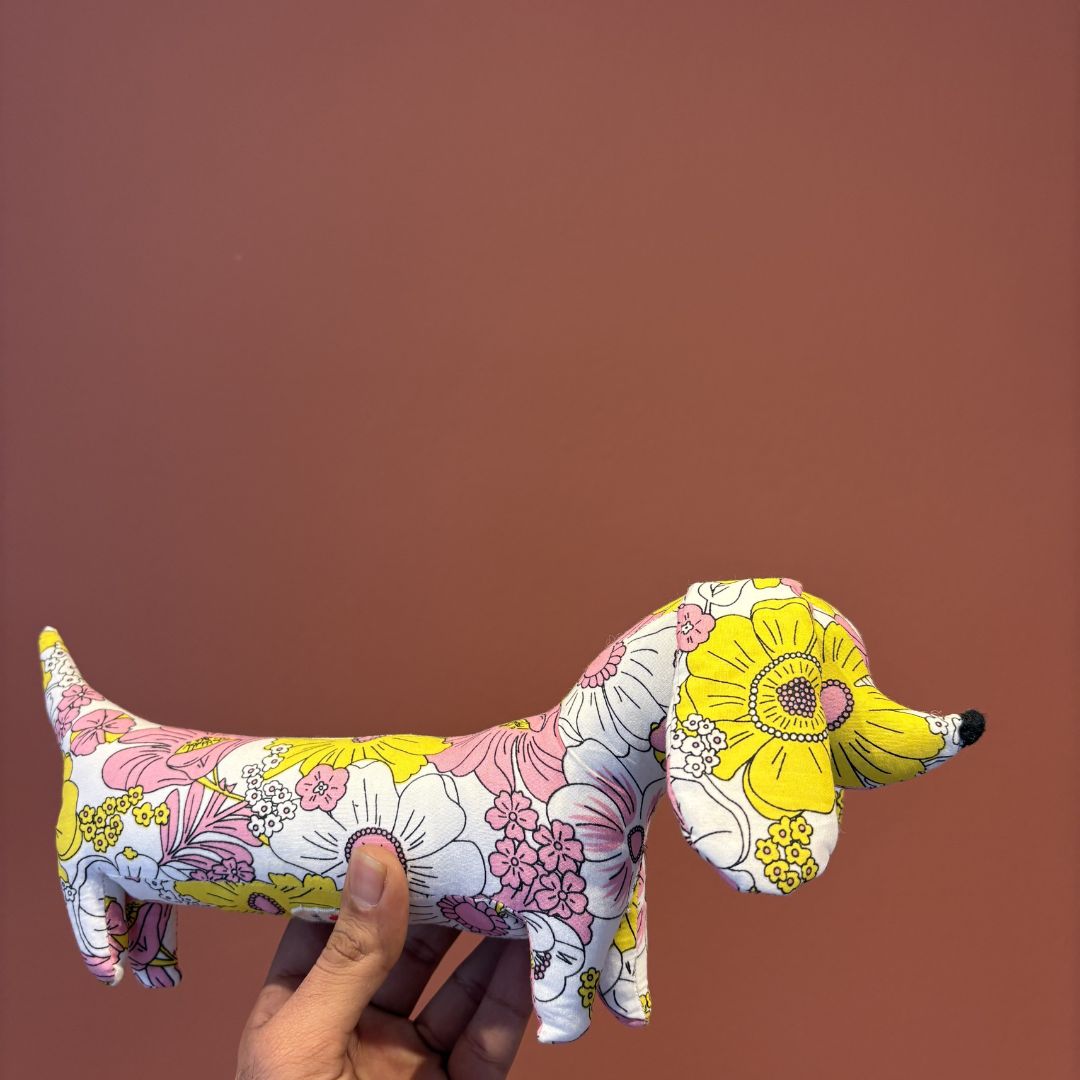 Upcycled Dachshund Plush | Handmade Floral Sausage Dog Stuffed Animal | Sustainable Nursery Decor