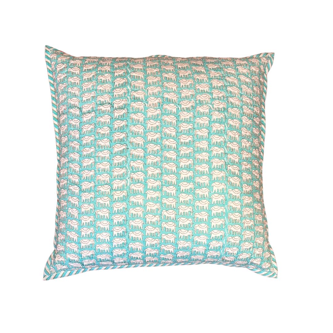 Quilted Block-Printed Cushion Cover - Teal Elephant