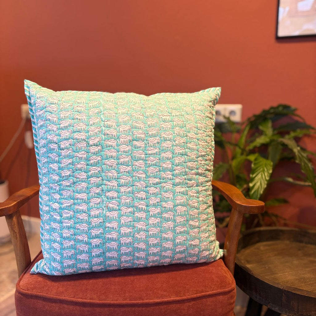 Quilted Block-Printed Cushion Cover - Teal Elephant