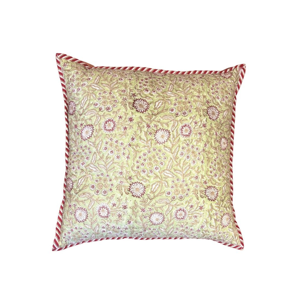 Quilted Block-Printed Cushion Cover - Pistachio Cream