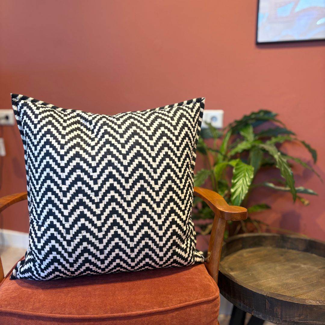 Quilted Block-Printed Cushion Cover - Beige Chess