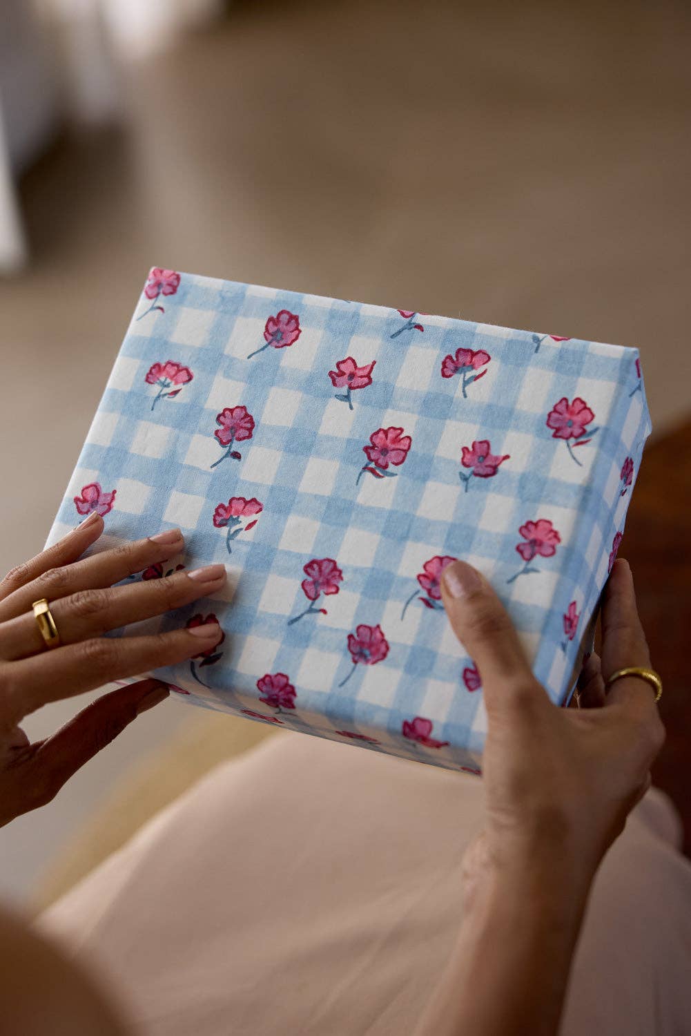 Block Printed Wrapping Paper Sheets - Gingham Pink Sorbet
