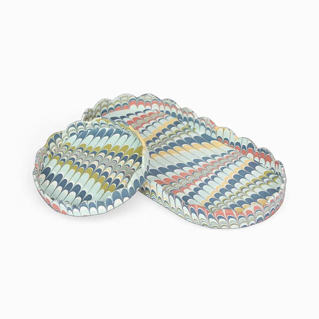 Hand Marbeled Scalloped Oval Tray Set Ocean Mountain