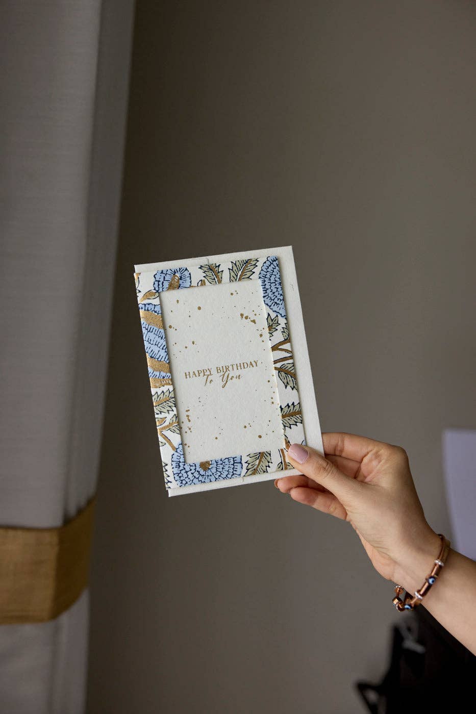 Hand Block Printed Keepsake Card - Photo frame Marigold Glitz Blue Stone