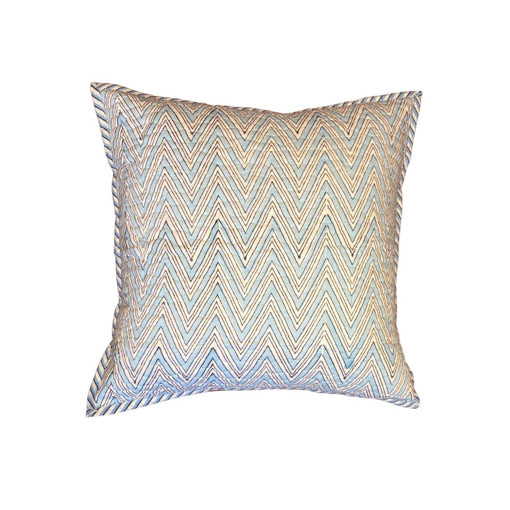Quilted Block-Printed Cushion Cover - Aqua Waves