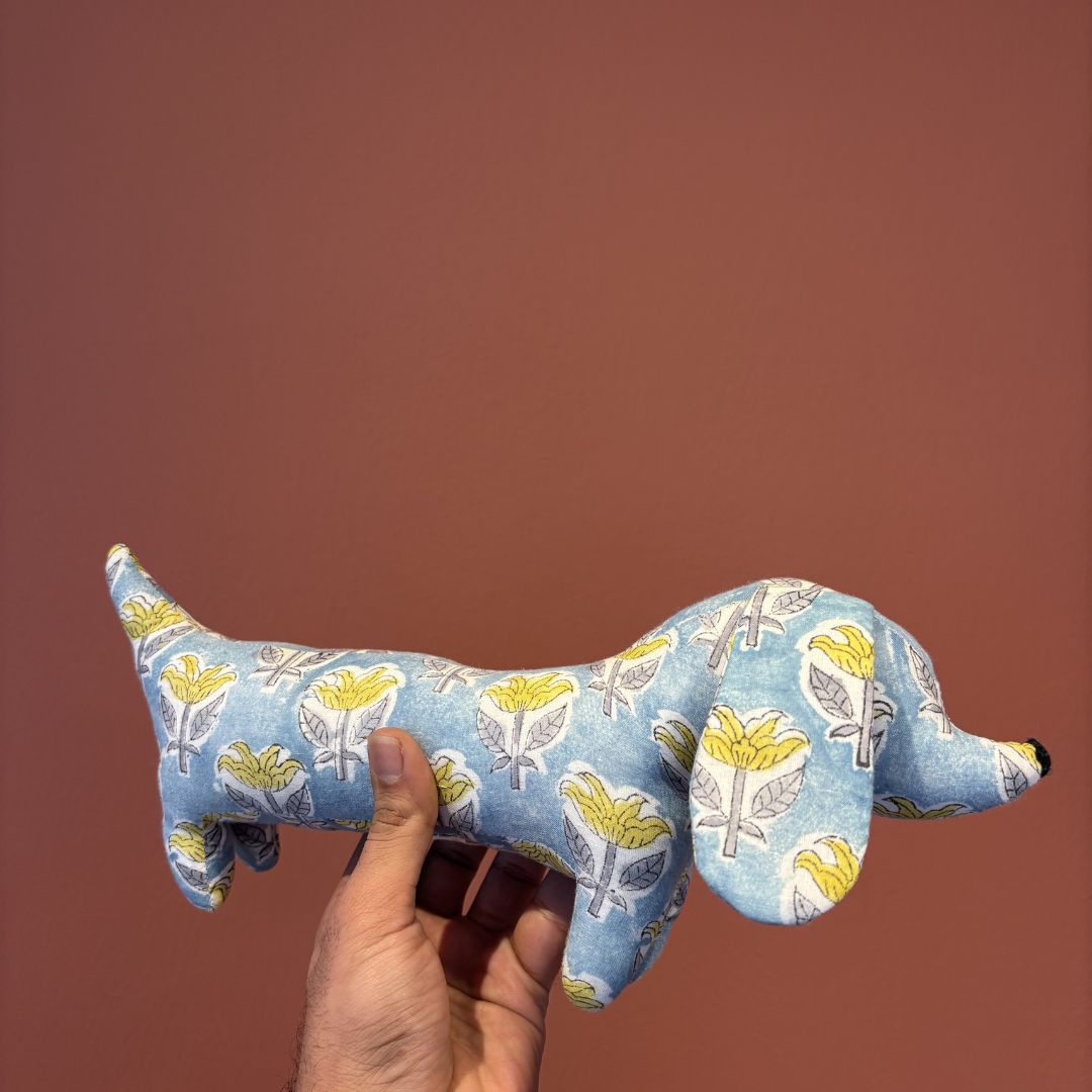 Upcycled Dachshund Plush | Handmade Floral Sausage Dog Stuffed Animal | Sustainable Nursery Decor