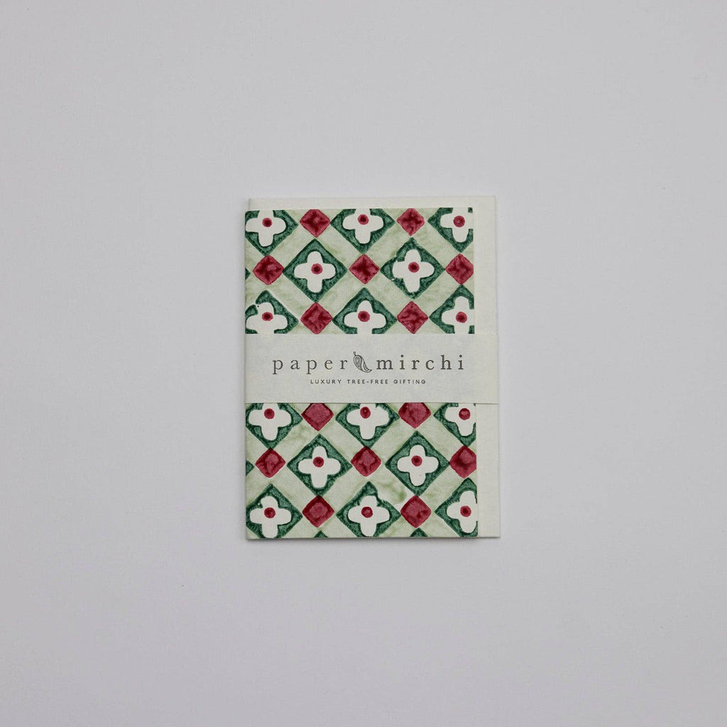 Hand Block Printed Greeting Card - Floral Checks Sage
