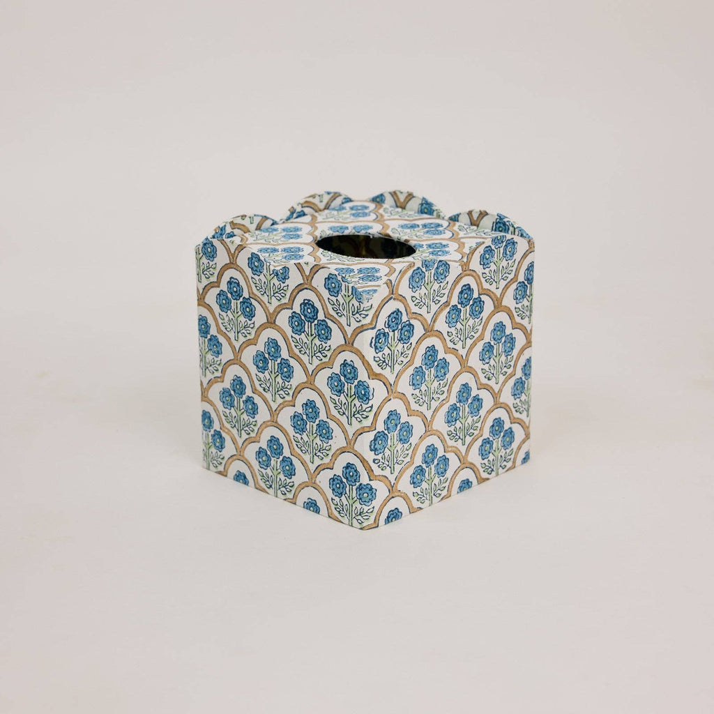 Block Printed Tissue Box - Trellis Indigo