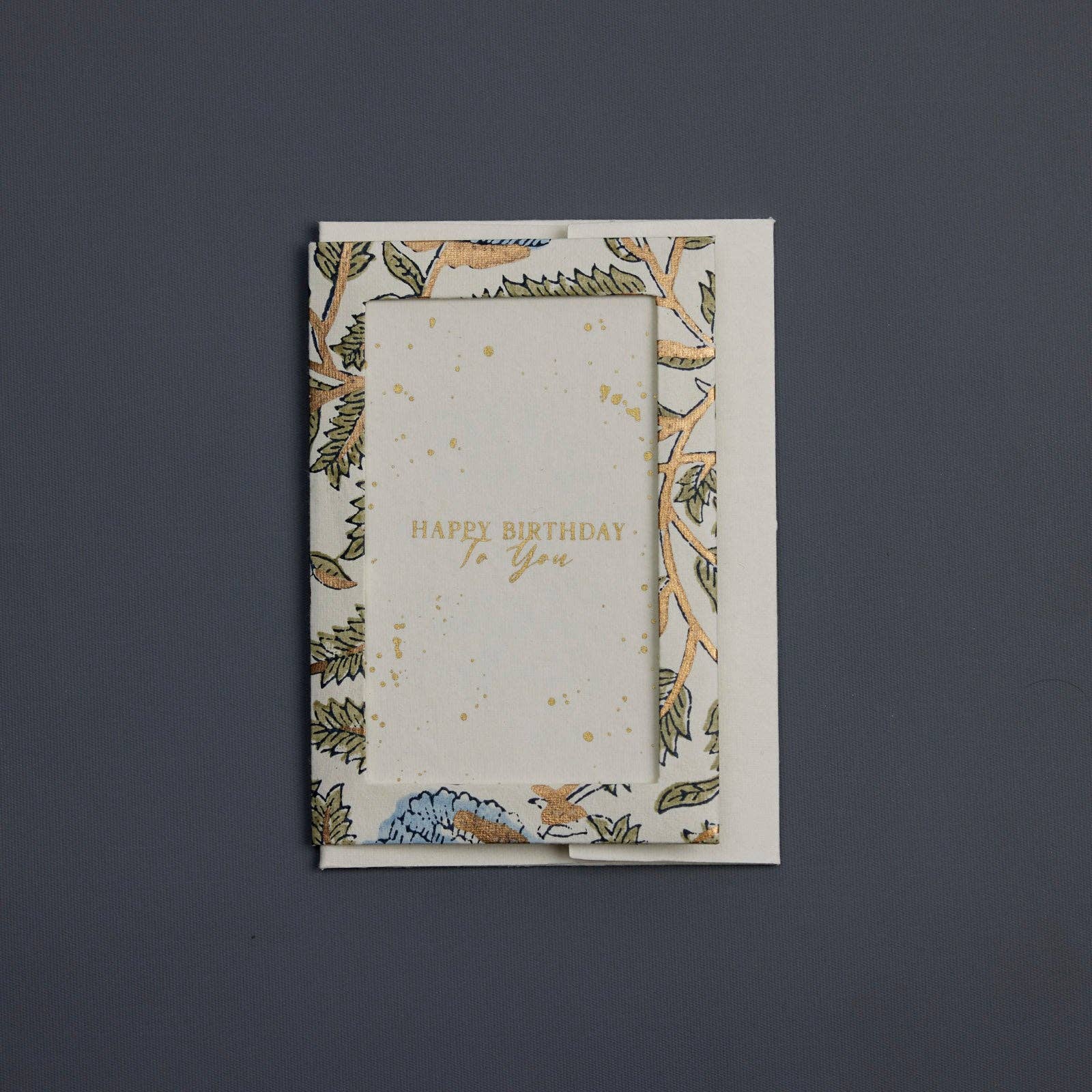 Hand Block Printed Keepsake Card - Photo frame Marigold Glitz Blue Stone