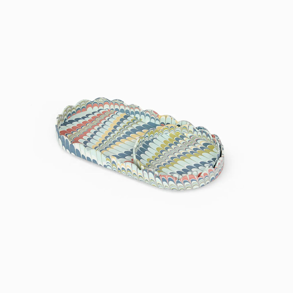 Hand Marbeled Scalloped Oval Tray Set Ocean Mountain
