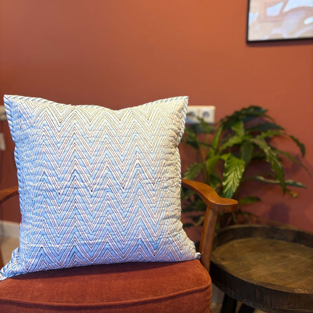 Quilted Block-Printed Cushion Cover - Aqua Waves