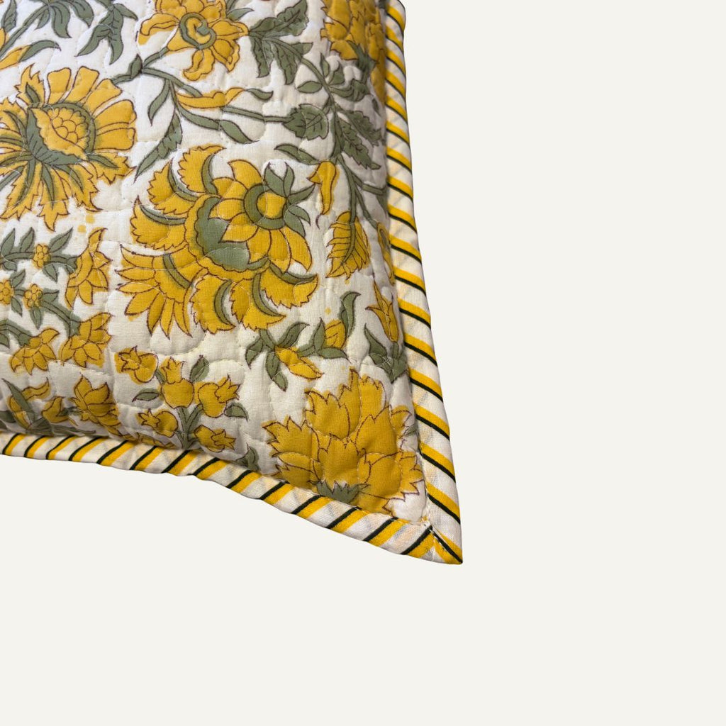 Quilted Block-Printed Cushion Cover - Pastel Marigold