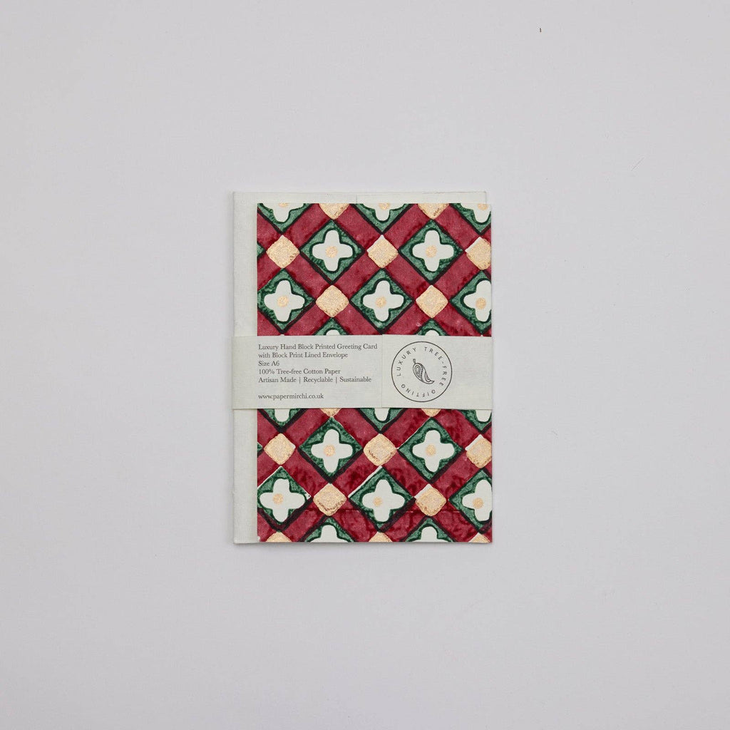 Hand Block Printed Greeting Card - Floral Checks Scarlet