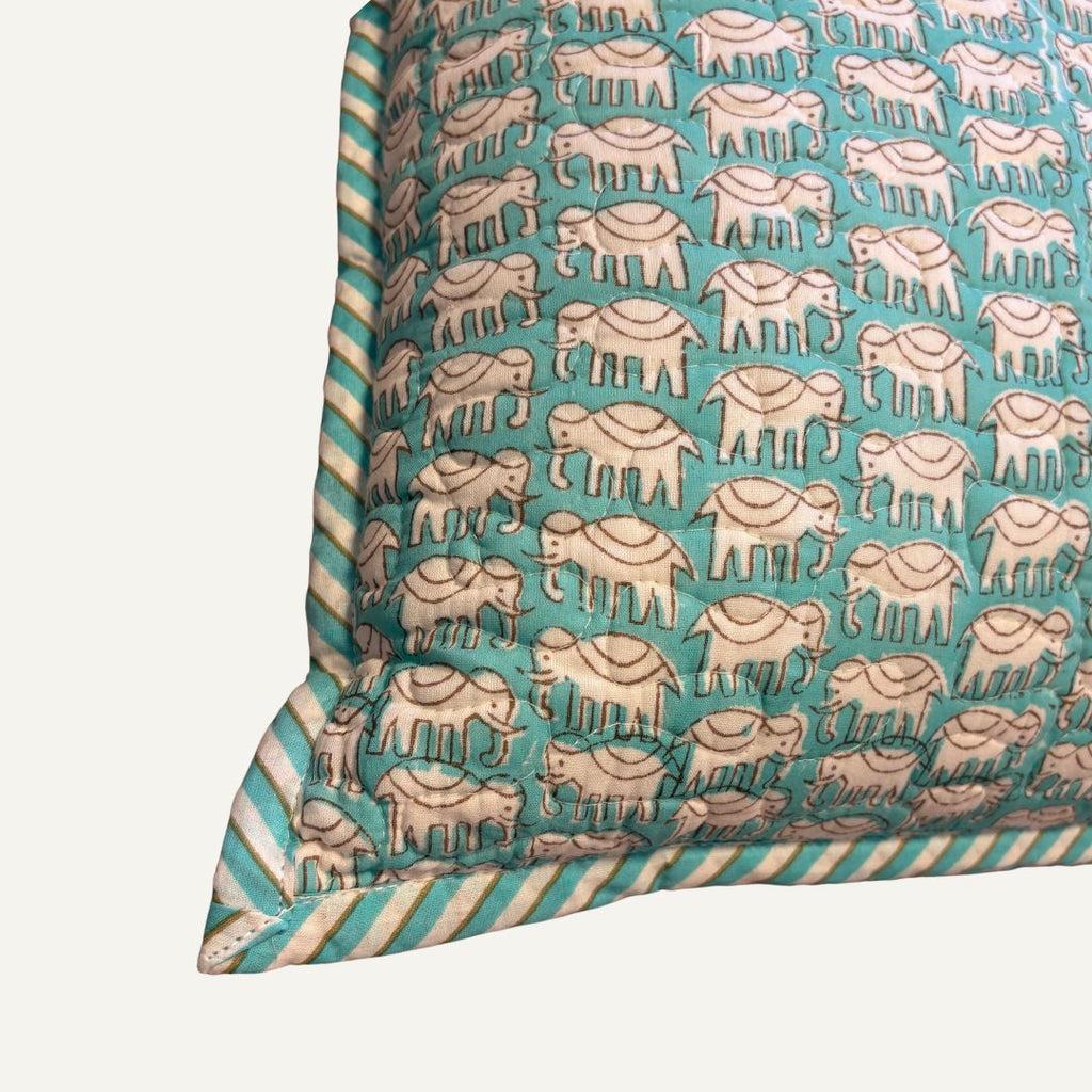 Quilted Block-Printed Cushion Cover - Teal Elephant