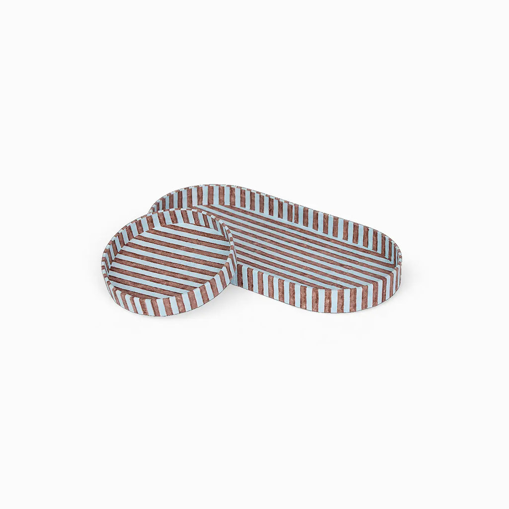 Block Printed Oval Tray Set Classic Stripe Blue Brown