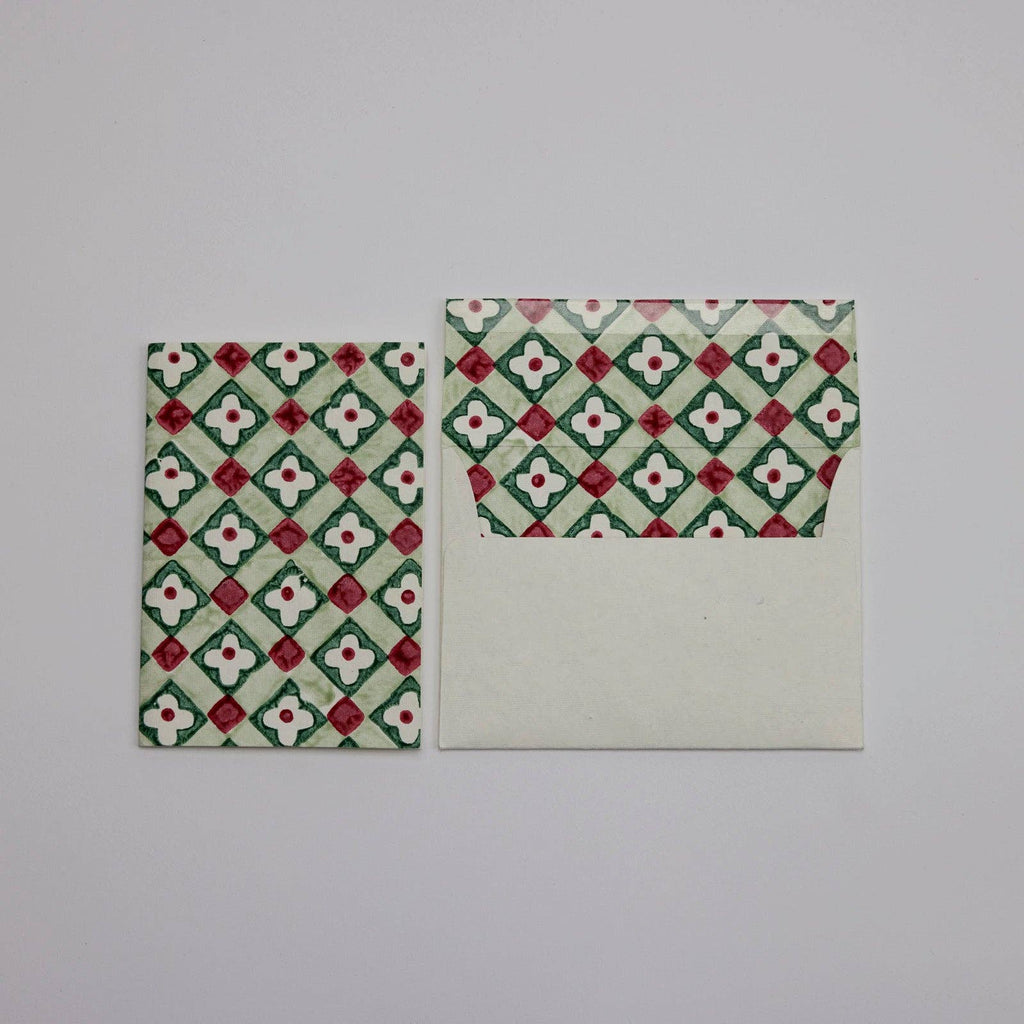Hand Block Printed Greeting Card - Floral Checks Sage