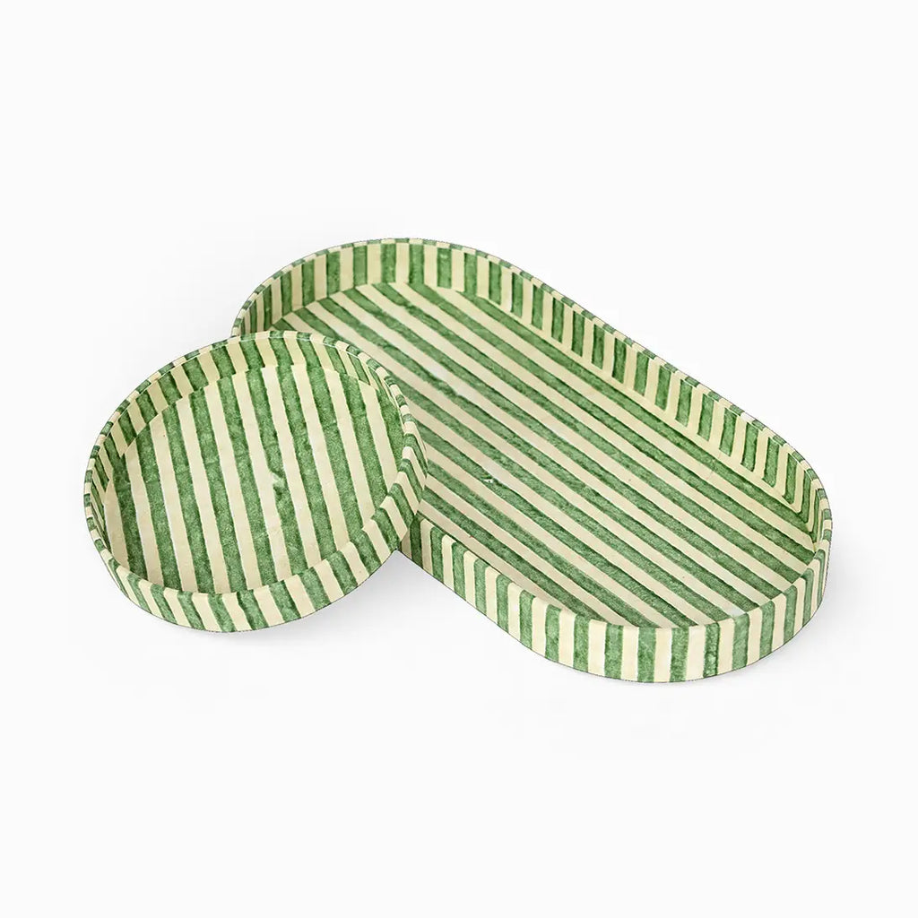 Block Printed Oval Tray Set Classic Stripe Green