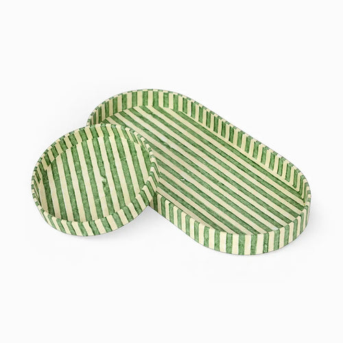 Block Printed Oval Tray Set Classic Stripe Green