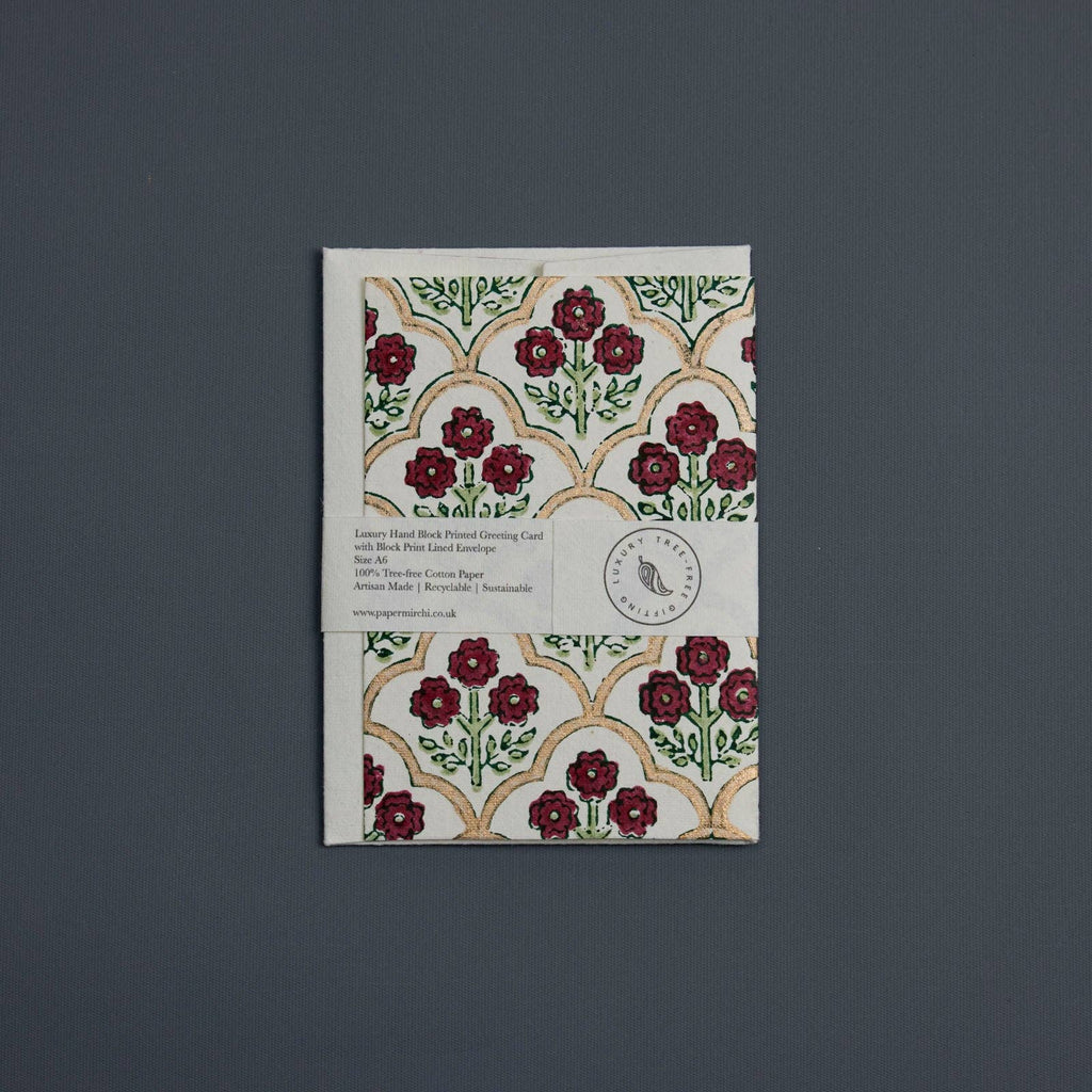 Hand Block Printed Greeting Card - Trellis Cherry