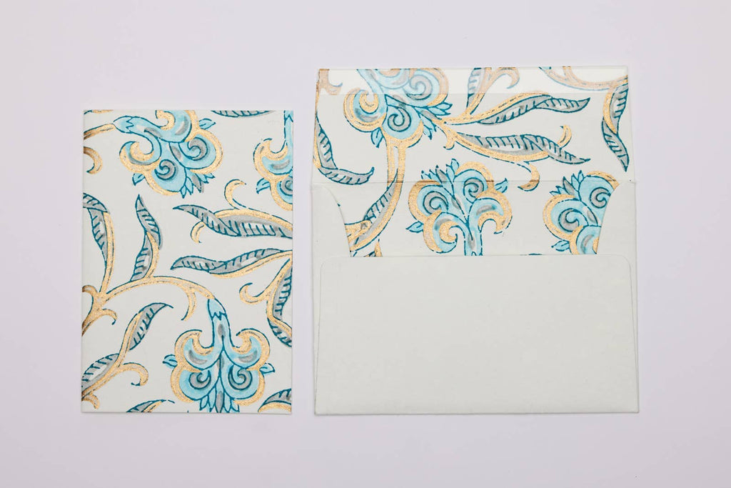 Hand Block Printed Greeting Card - Iris Glitz Turquoise