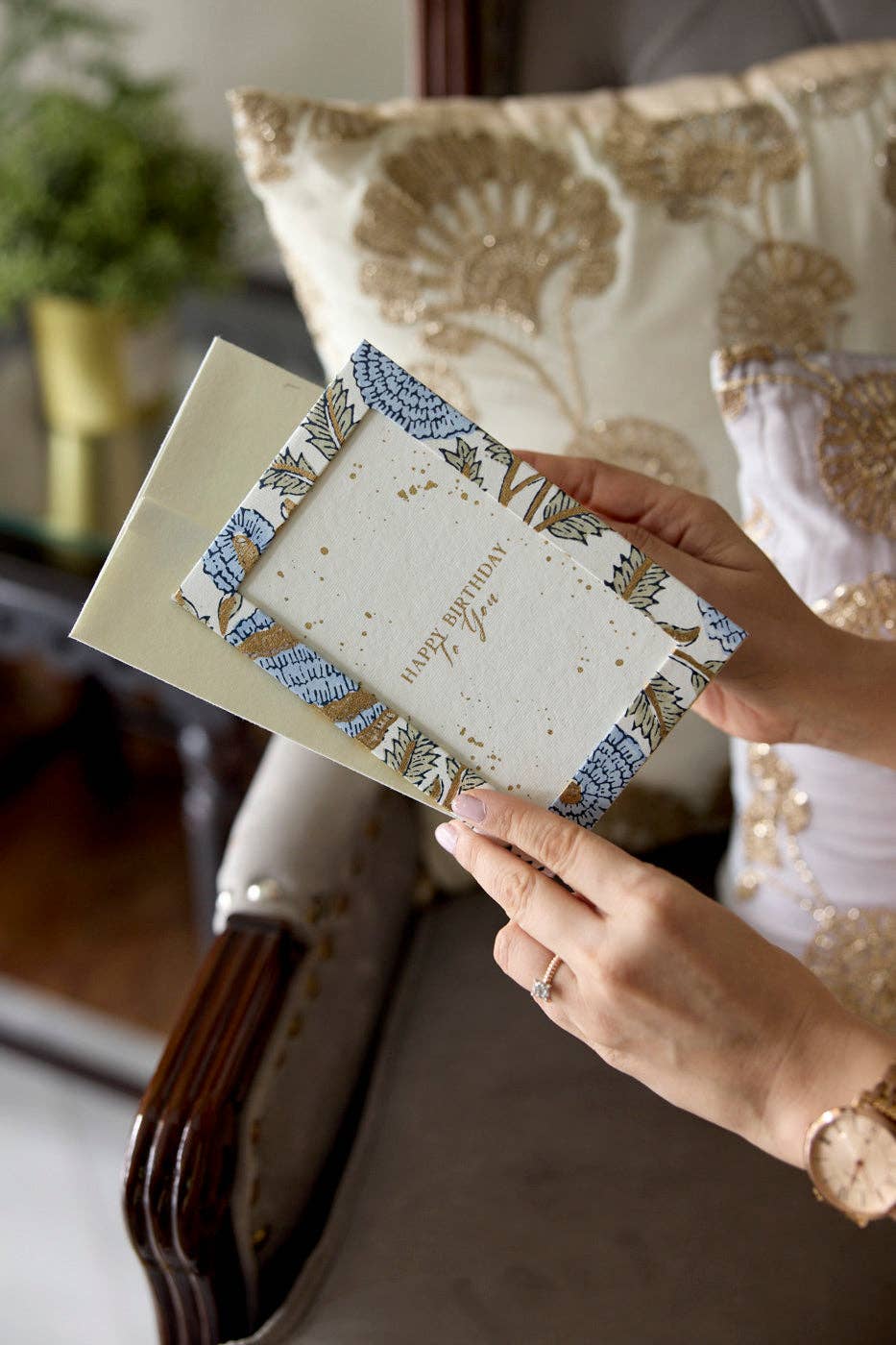 Hand Block Printed Keepsake Card - Photo frame Marigold Glitz Blue Stone