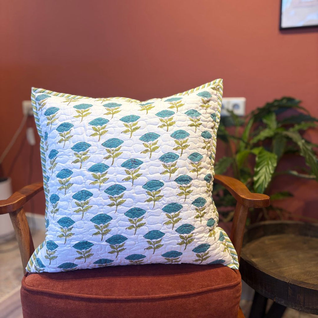 Quilted Block-Printed Cushion Cover - Peacock Bloom