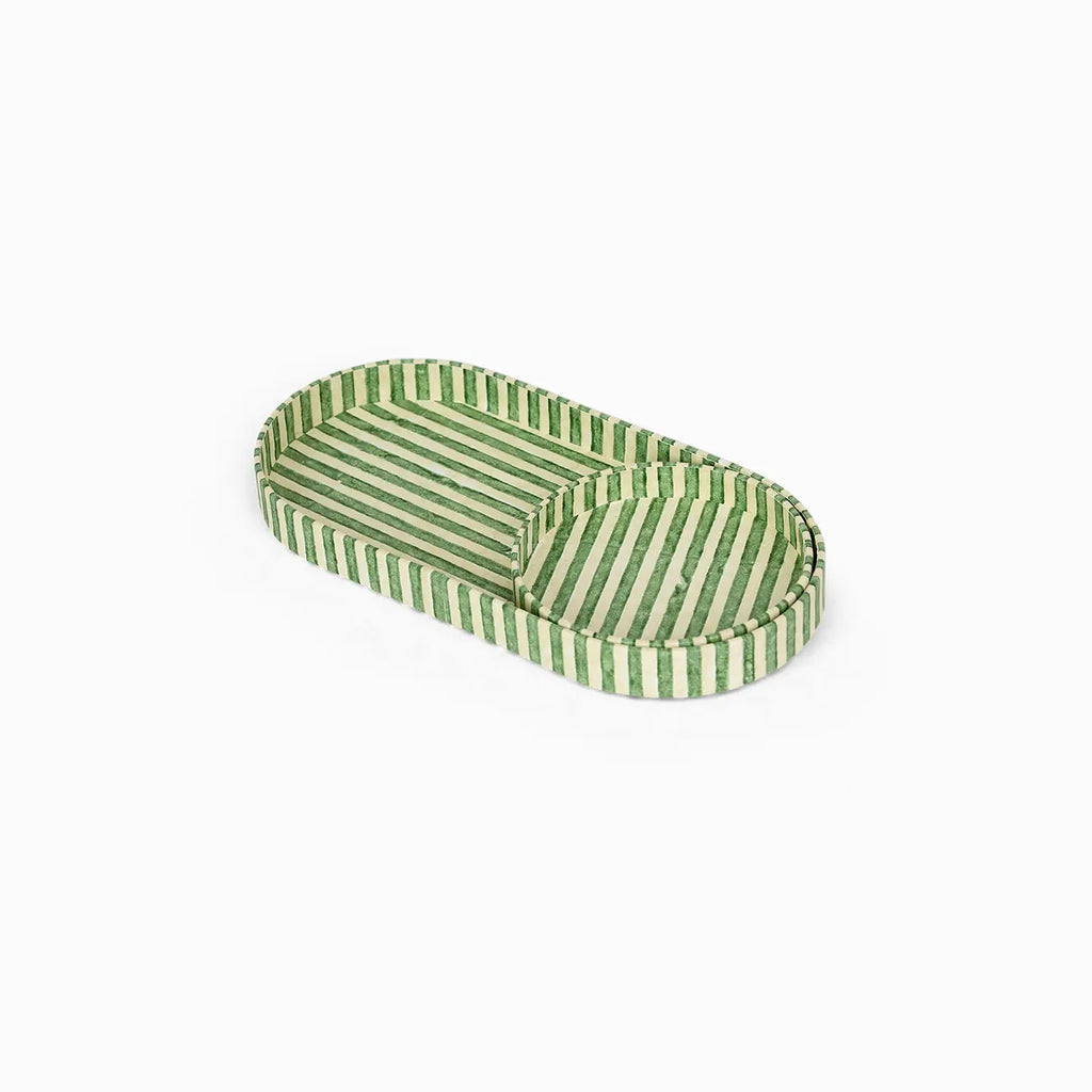 Block Printed Oval Tray Set Classic Stripe Green