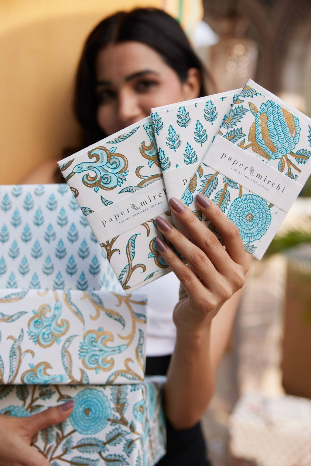 Hand Block Printed Greeting Card - Iris Glitz Turquoise