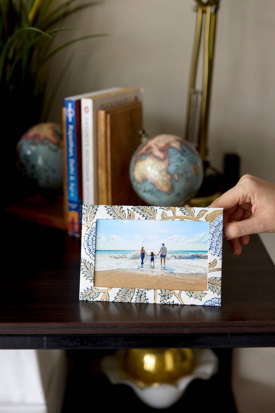 Hand Block Printed Keepsake Card - Photo frame Marigold Glitz Blue Stone