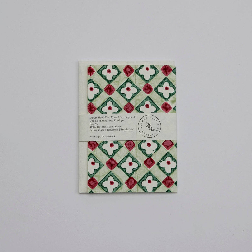 Hand Block Printed Greeting Card - Floral Checks Sage