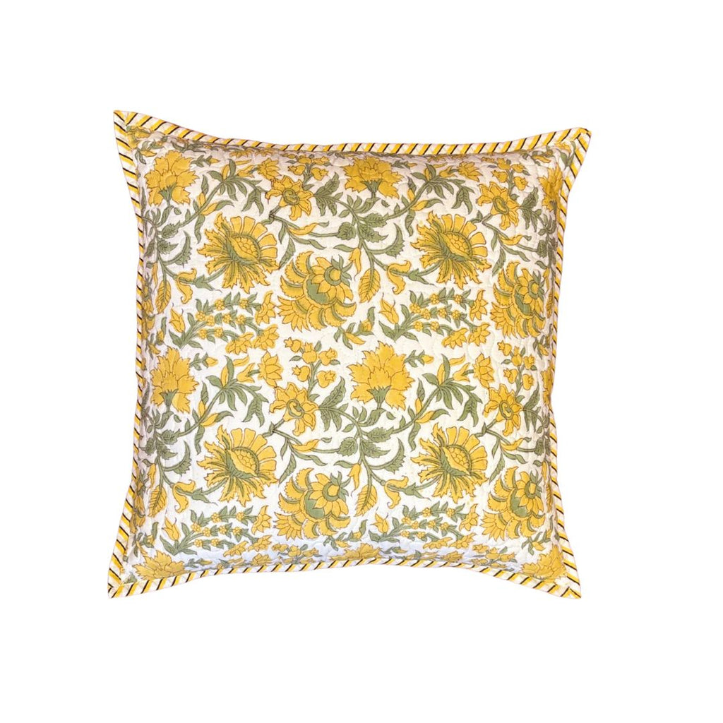 Quilted Block-Printed Cushion Cover - Pastel Marigold