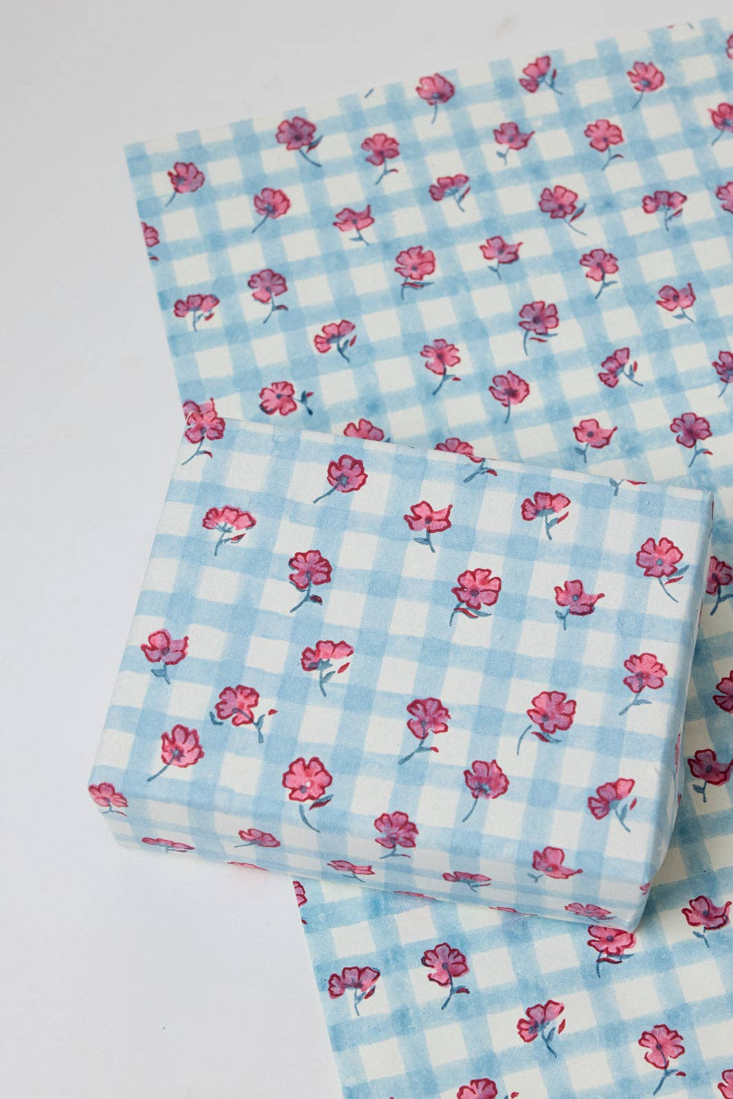 Block Printed Wrapping Paper Sheets - Gingham Pink Sorbet
