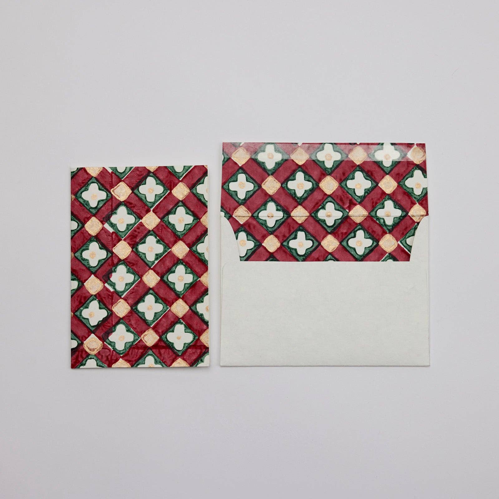 Hand Block Printed Greeting Card - Floral Checks Scarlet