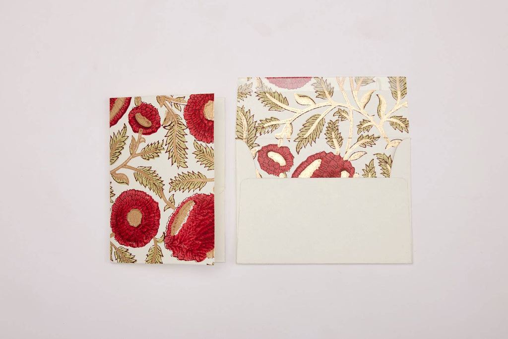 Hand Block Printed Greeting Card - Marigold Glitz Scarlet