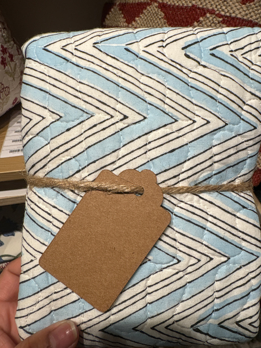 Quilted Block-Printed Cushion Cover - Aqua Waves