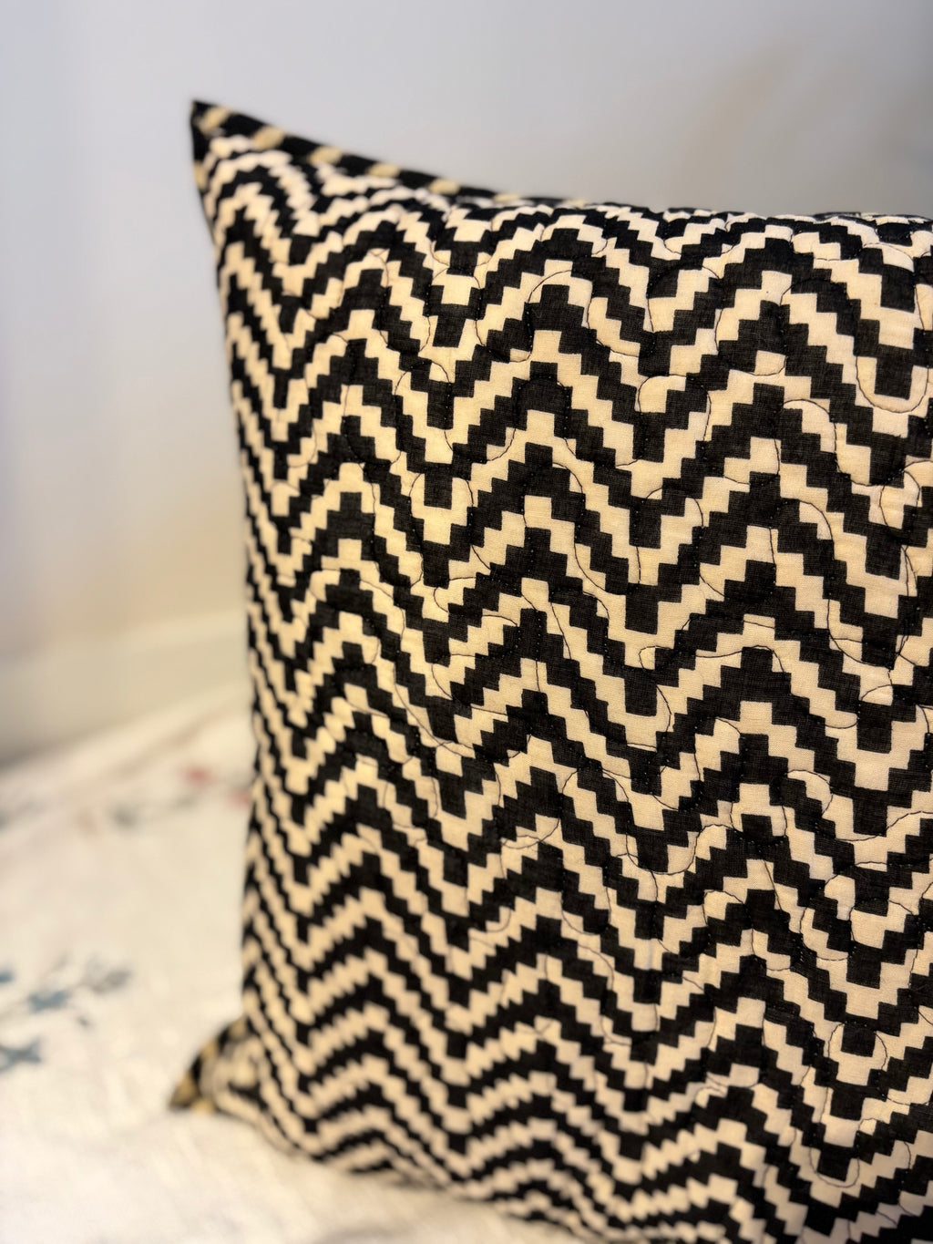 Quilted Block-Printed Cushion Cover - Beige Chess