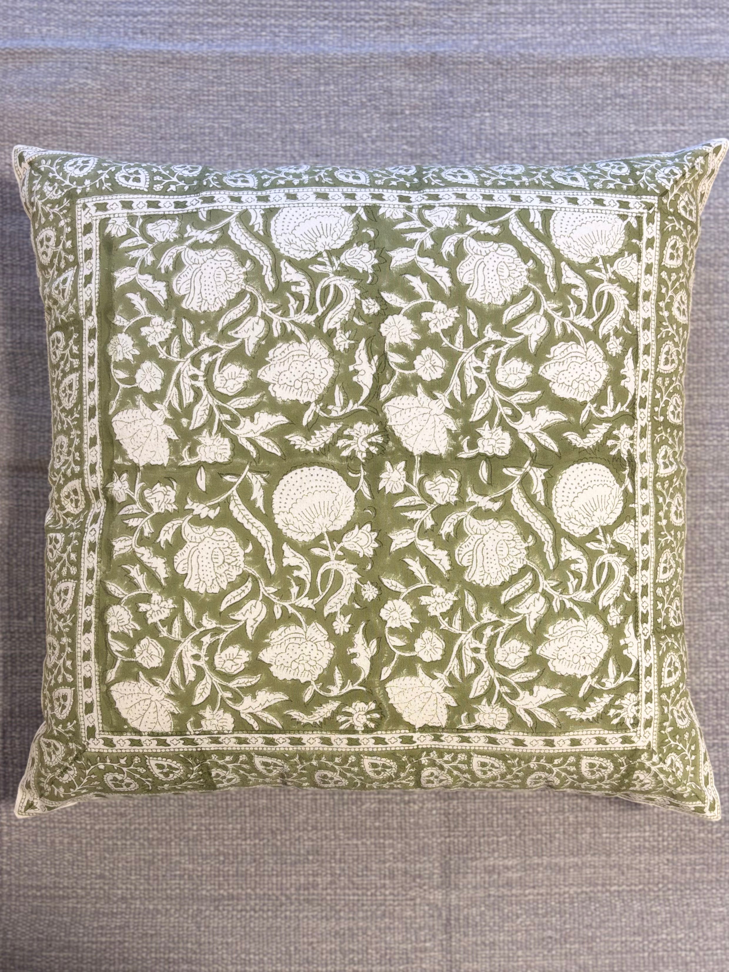 Block-Printed Cushion Cover - Olive Garden