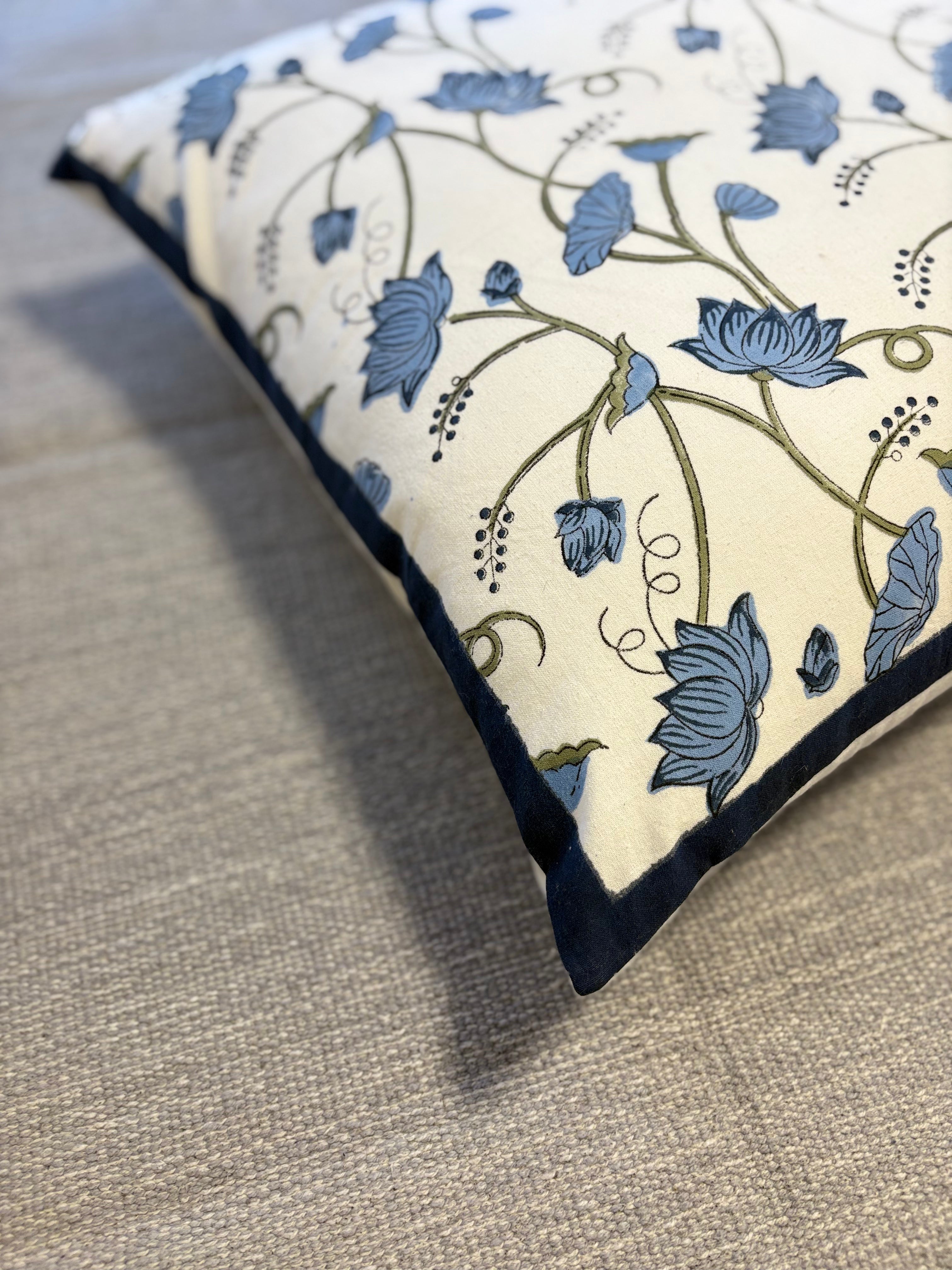 Block Printed Cushion Cover - Blueberry Vines