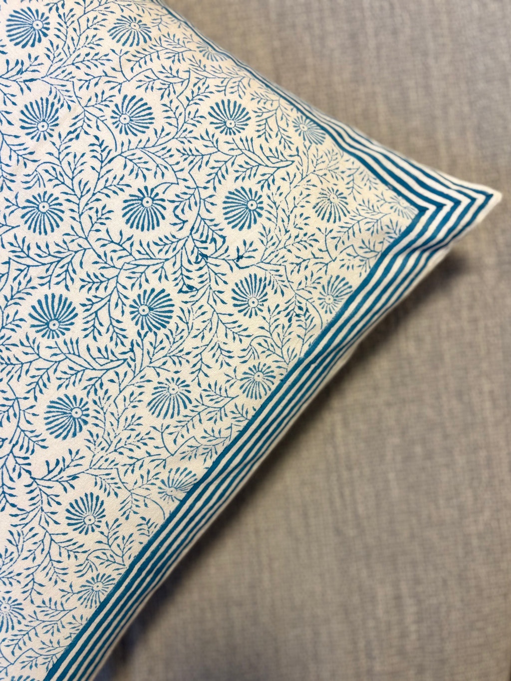 Block Printed Cushion Cover - Blue Ferns