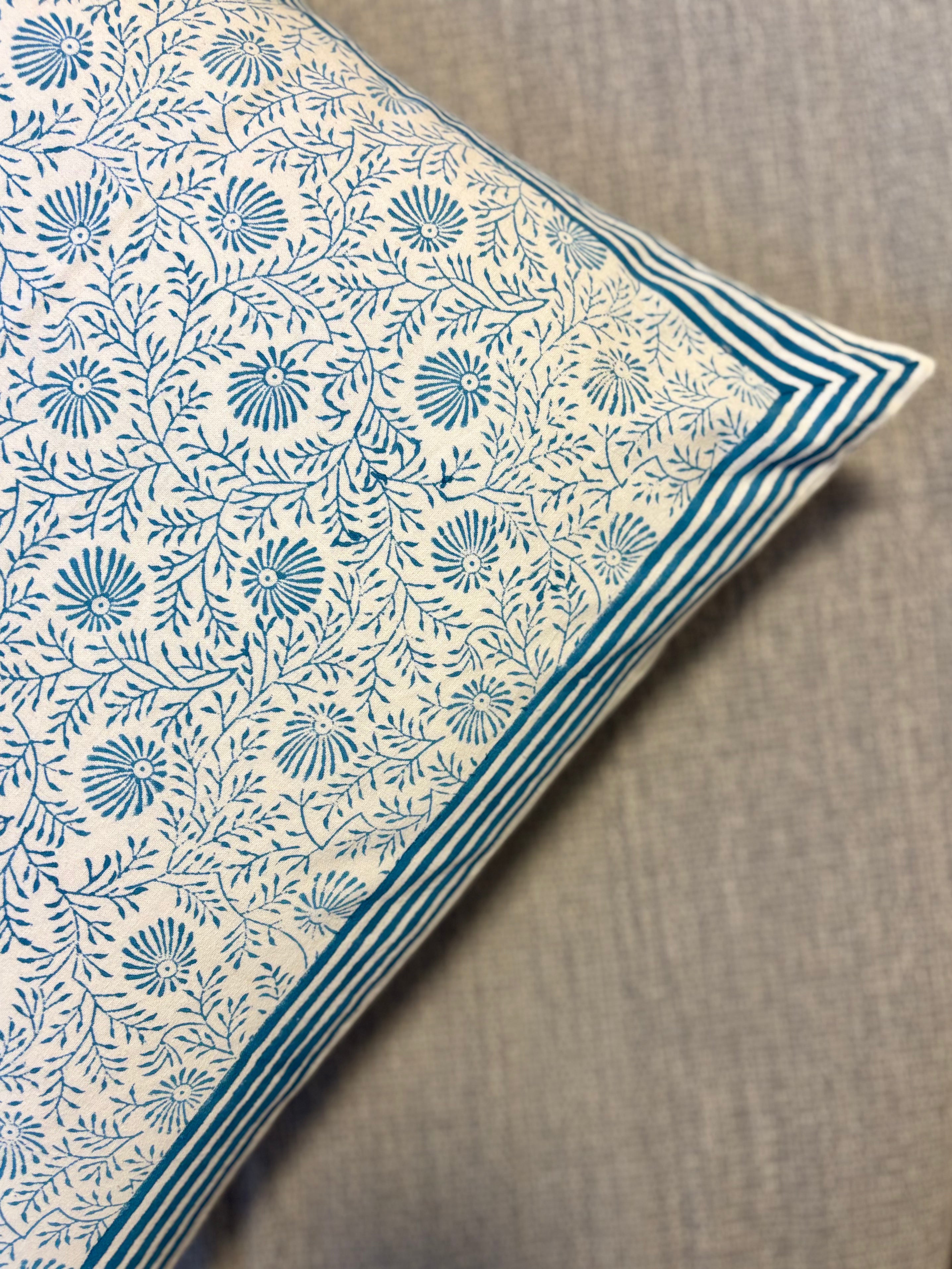Block Printed Cushion Cover - Blue Ferns