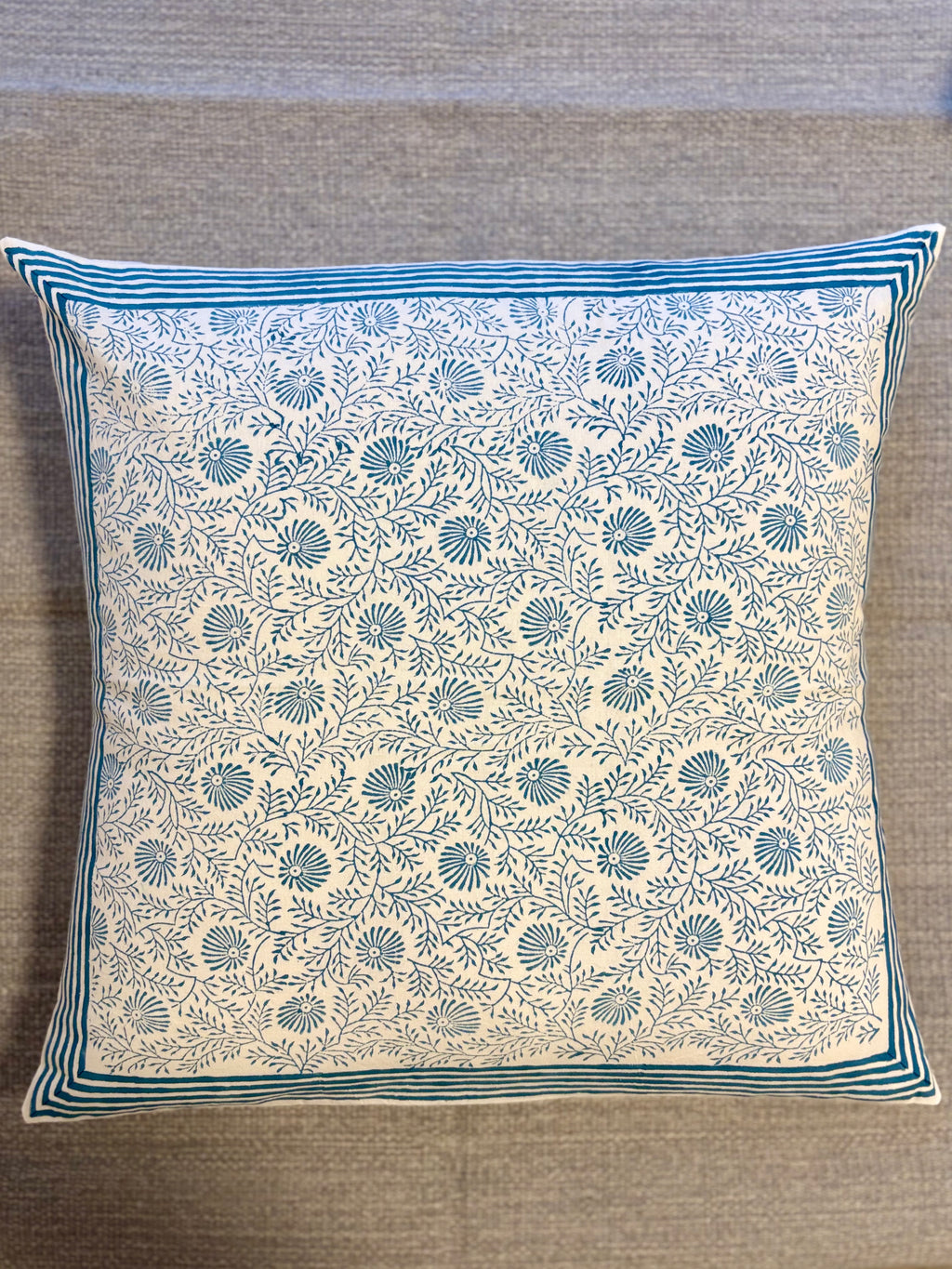 Block Printed Cushion Cover - Blue Ferns