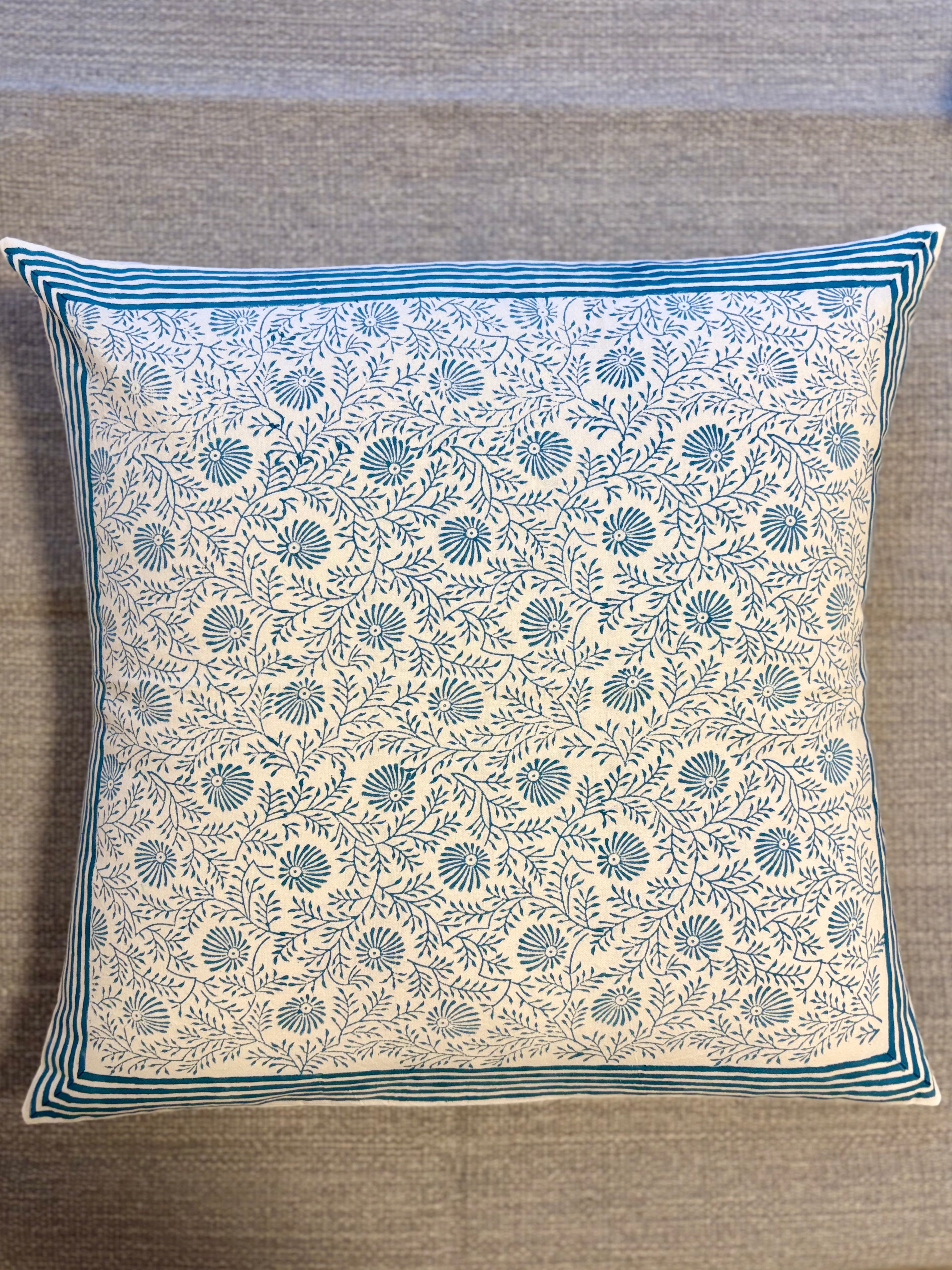 Block Printed Cushion Cover - Blue Ferns