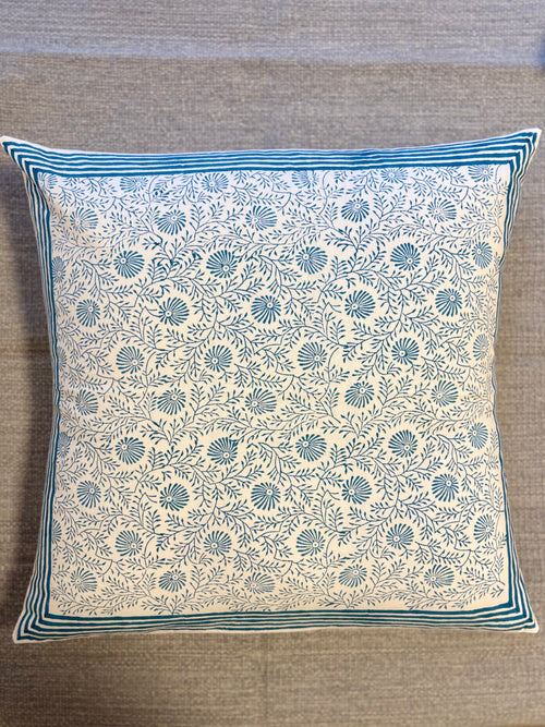 Block Printed Cushion Cover - Blue Ferns