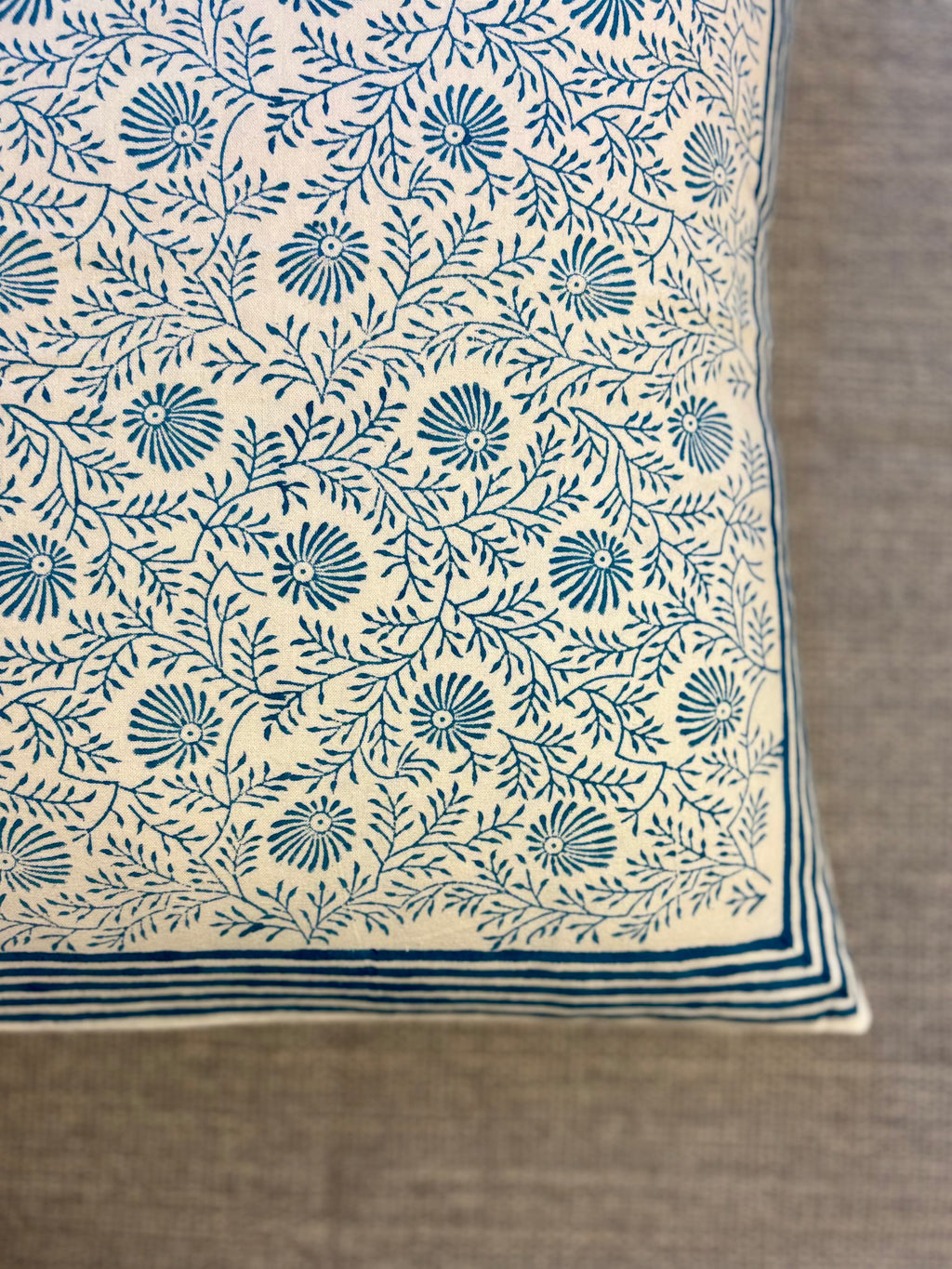 Block Printed Cushion Cover - Blue Ferns