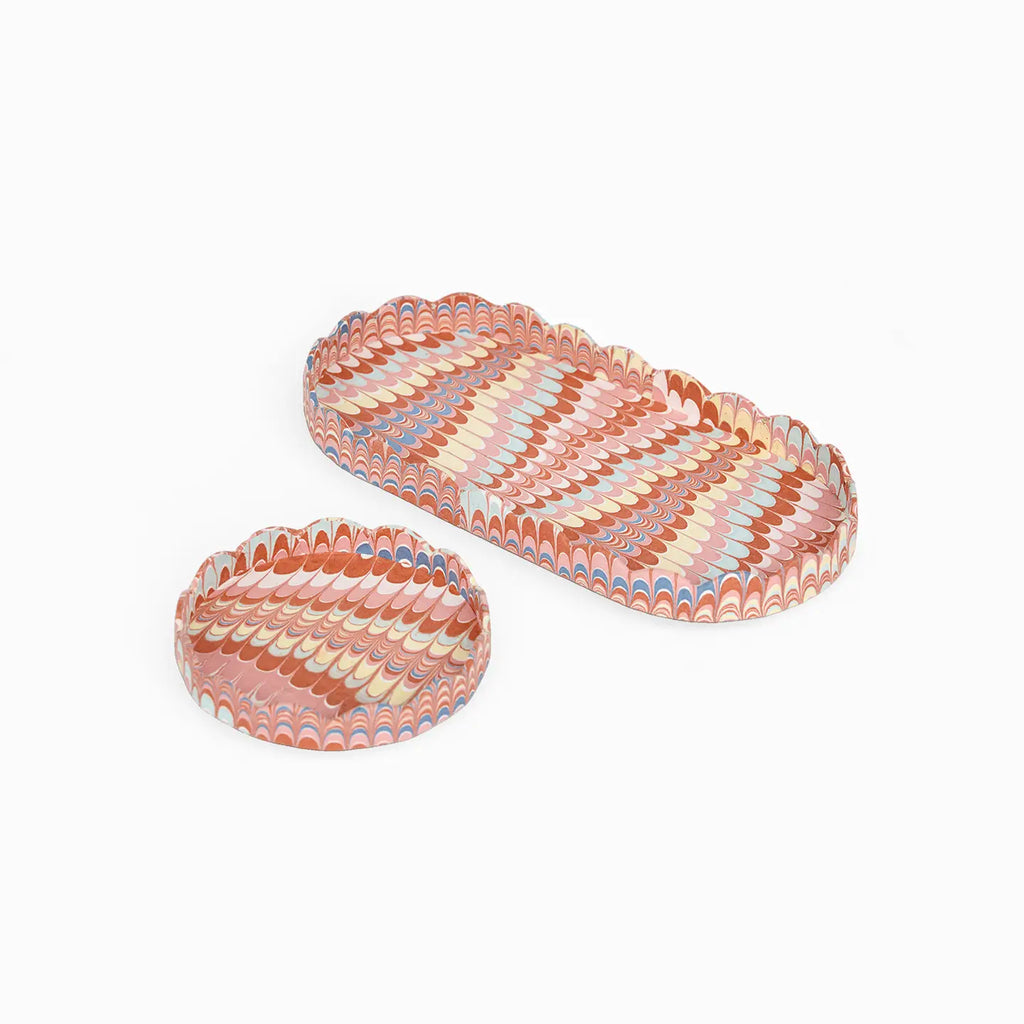 Hand Marbeled Scalloped Oval Tray Set Twilight Mountain